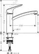 Ein Hansgrohe Spültischmischer mit schwenkbarem Auslauf, dargestellt in Seitenansicht mit maßlichen Angaben und Anschlussdetails für die Installation.